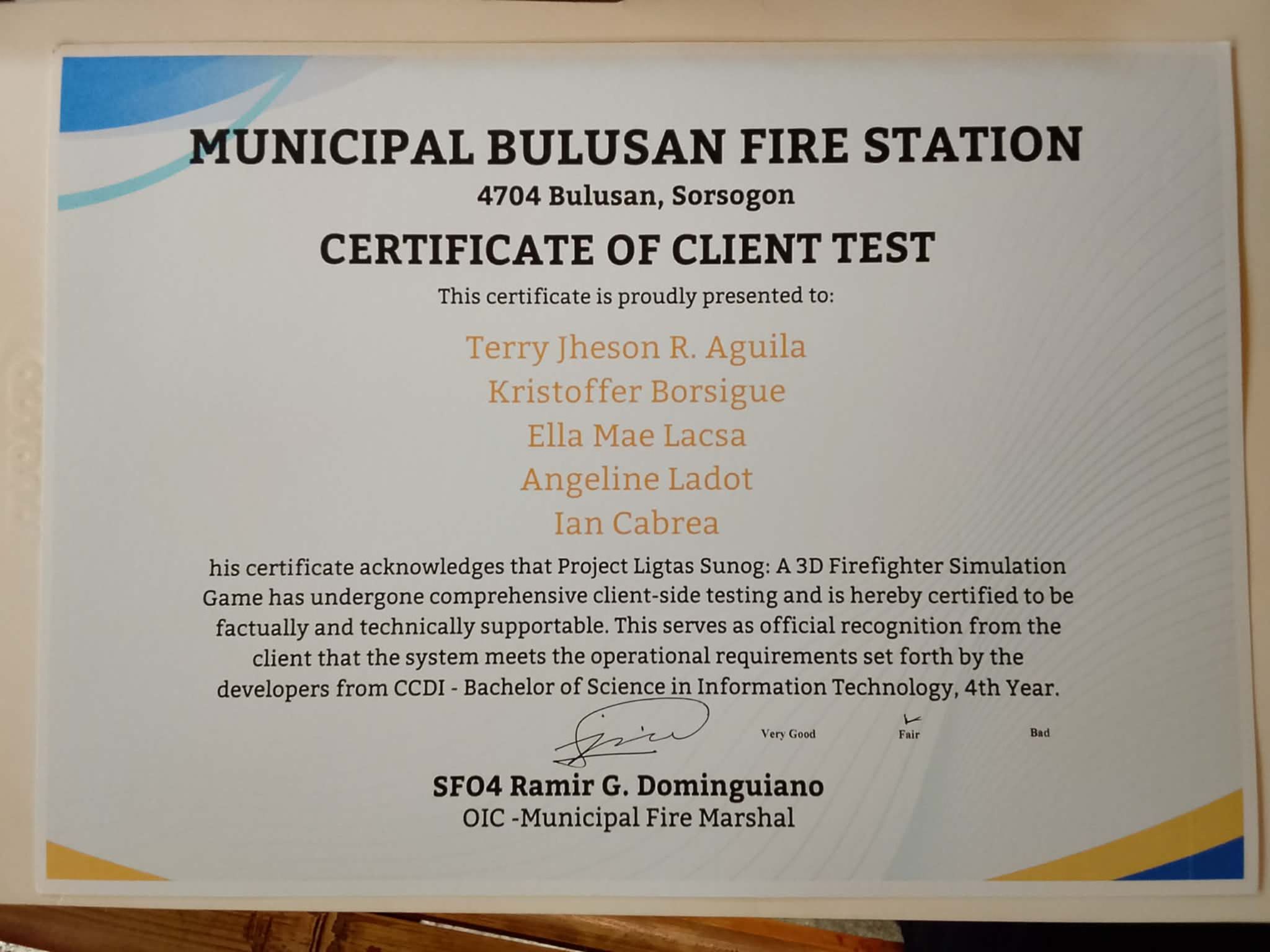 Certificate of Client Test — Municipal Bulusan Fire Station